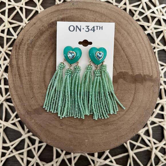 ON 34th, Emerald Green and Gold Heart Tassel Seed Bead Earrings - Picture 2 of 3